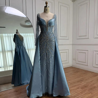 Ships in 2 to 5 Days - Luxury Designer Blue Beaded Evening Gown with Long Sleeves – Formal Dress for Wedding & Party