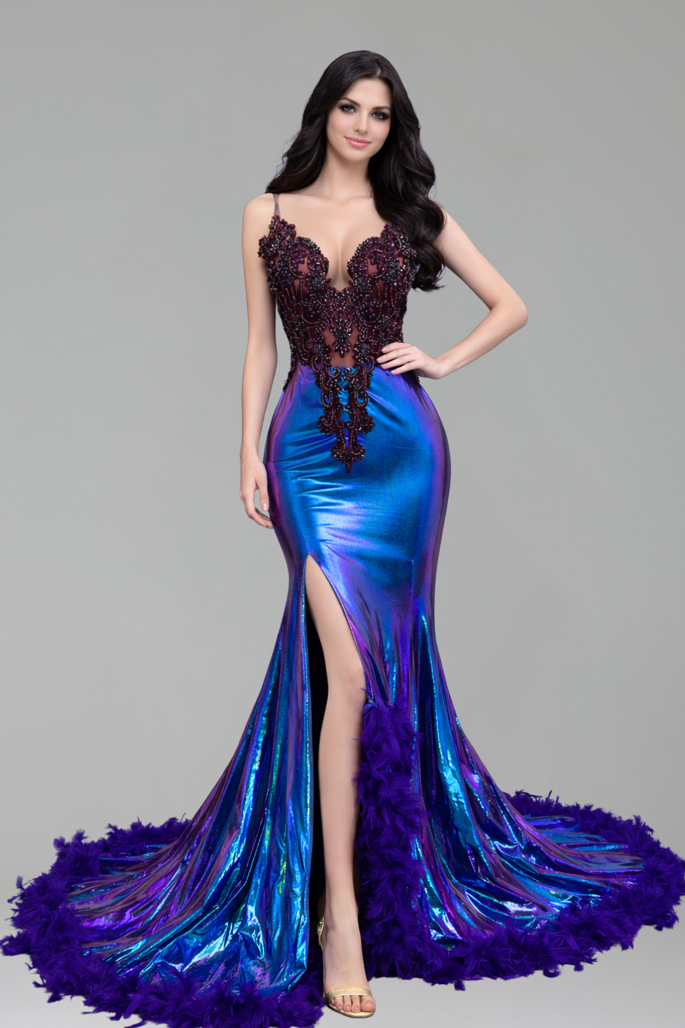 Iridescent Metallic Mermaid Feather Trim Gown - LAROSABRIDE