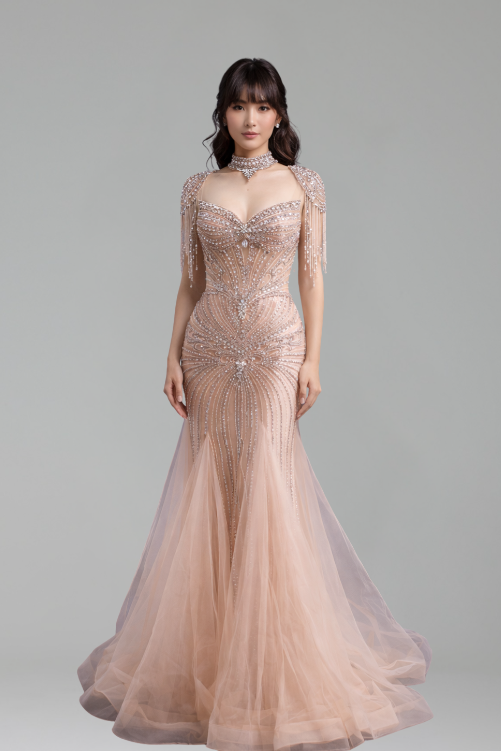 Beaded Dress with Tassel Cape - LAROSABRIDE