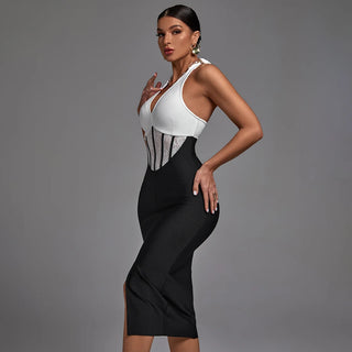 Elegant Lace Patchwork Halter Midi Dress – Backless Sleeveless Dress with Lace-Up & Slit