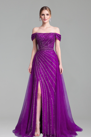 Boat Neck Beaded Split Gown - LAROSABRIDE