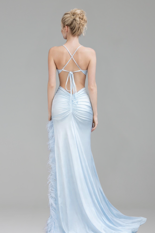 Feather Trim Cutout Evening Gown