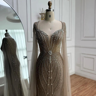 Ships in 2 to 5 Days - Luxury Beige-Pink Beaded Evening Gown – 2025 Formal Dress with Cape Sleeves