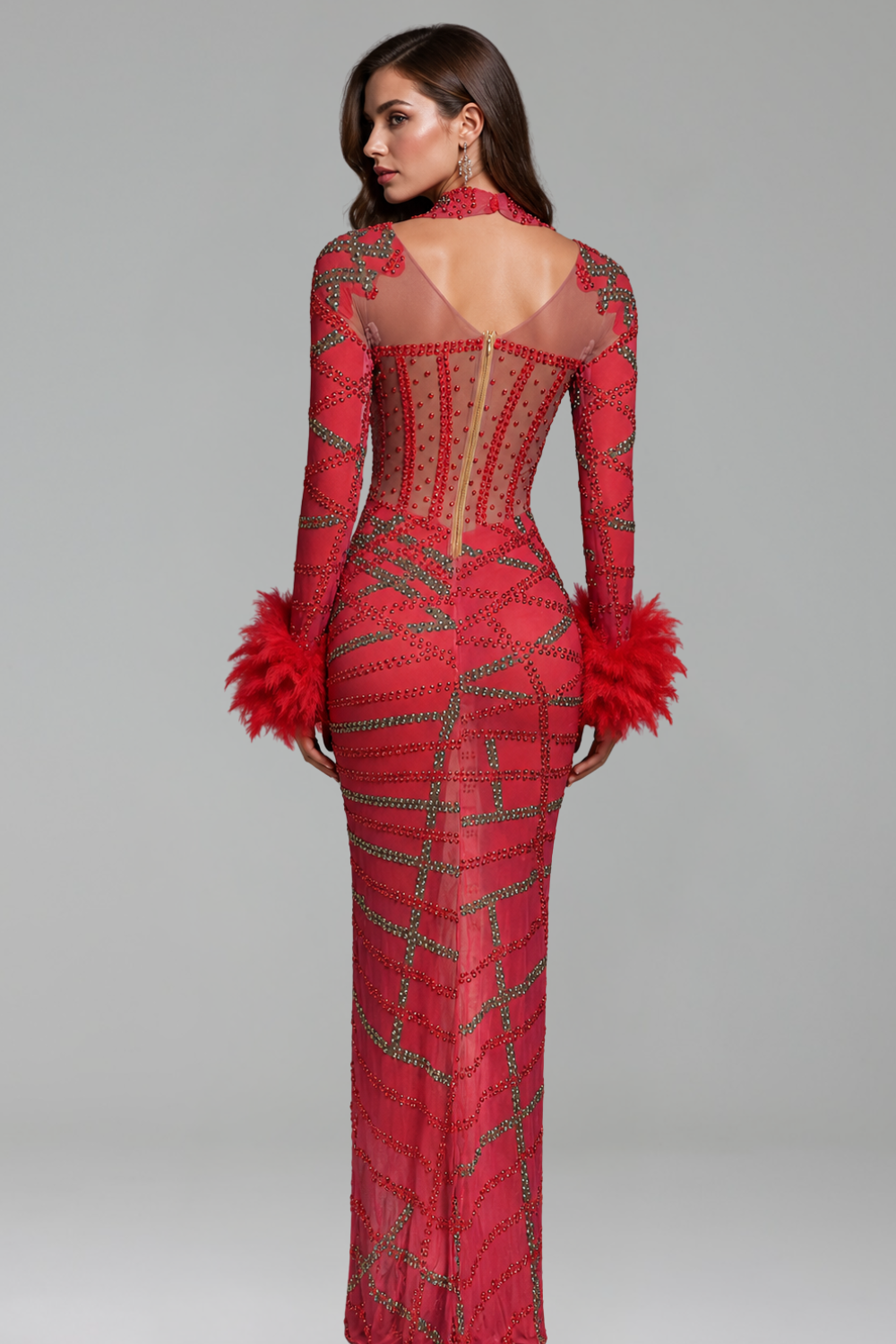 Embellished Feather Cuff High Slit Dress - LAROSABRIDE