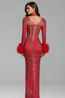 Embellished Feather Cuff High Slit Dress - LAROSABRIDE