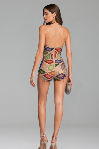 Multicolor Crystal Geometric Bodysuit