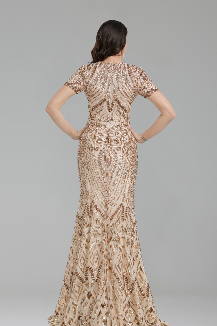 Short Sleeve Embellished Mermaid Gown - LAROSABRIDE