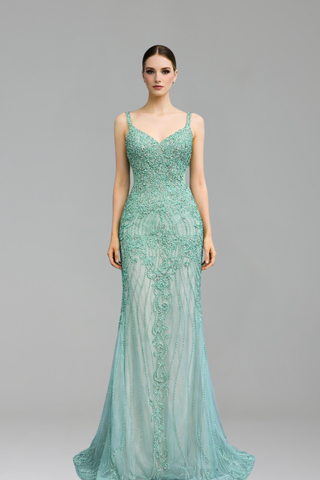 Beaded Spaghetti Strap Mermaid Gown - LAROSABRIDE