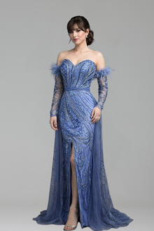 Feather Beaded High-Slit Mermaid Dress - LAROSABRIDE