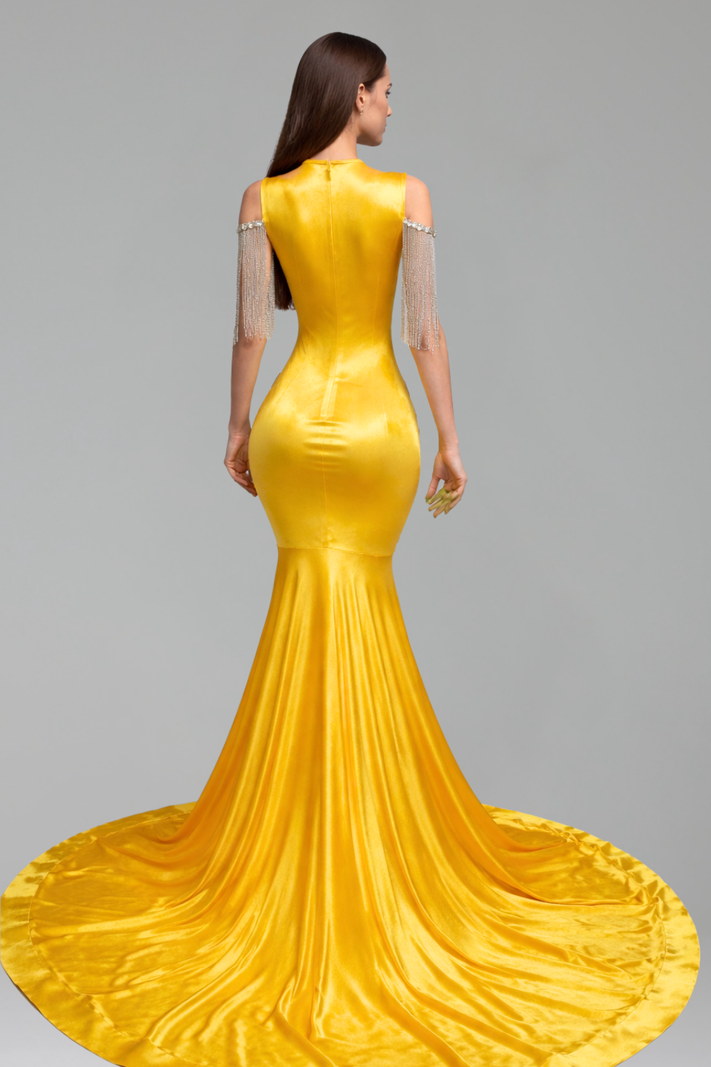 Asymmetric Beaded Fringe Mermaid Gown - LAROSABRIDE