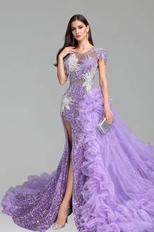 Illusion Appliqu� High Slit Gown - LAROSABRIDE