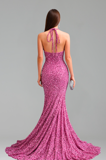 Halter Illusion Embellished Mermaid Gown - LAROSABRIDE