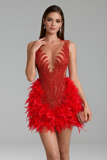 Crystal Embellished Feather Mini Dress - LAROSABRIDE