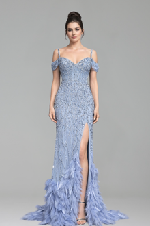 Feather Beaded Split Mermaid Gown - LAROSABRIDE
