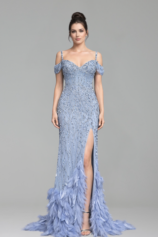 Feather Beaded Split Mermaid Gown