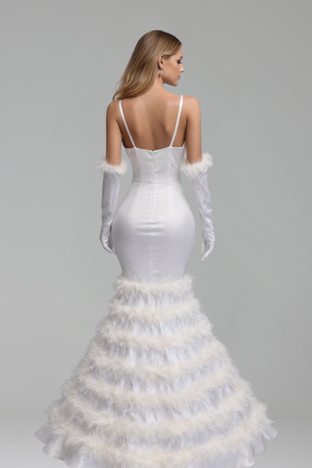 Feathered Satin Mermaid Dress - LAROSABRIDE