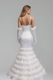 Feathered Satin Mermaid Dress - LAROSABRIDE