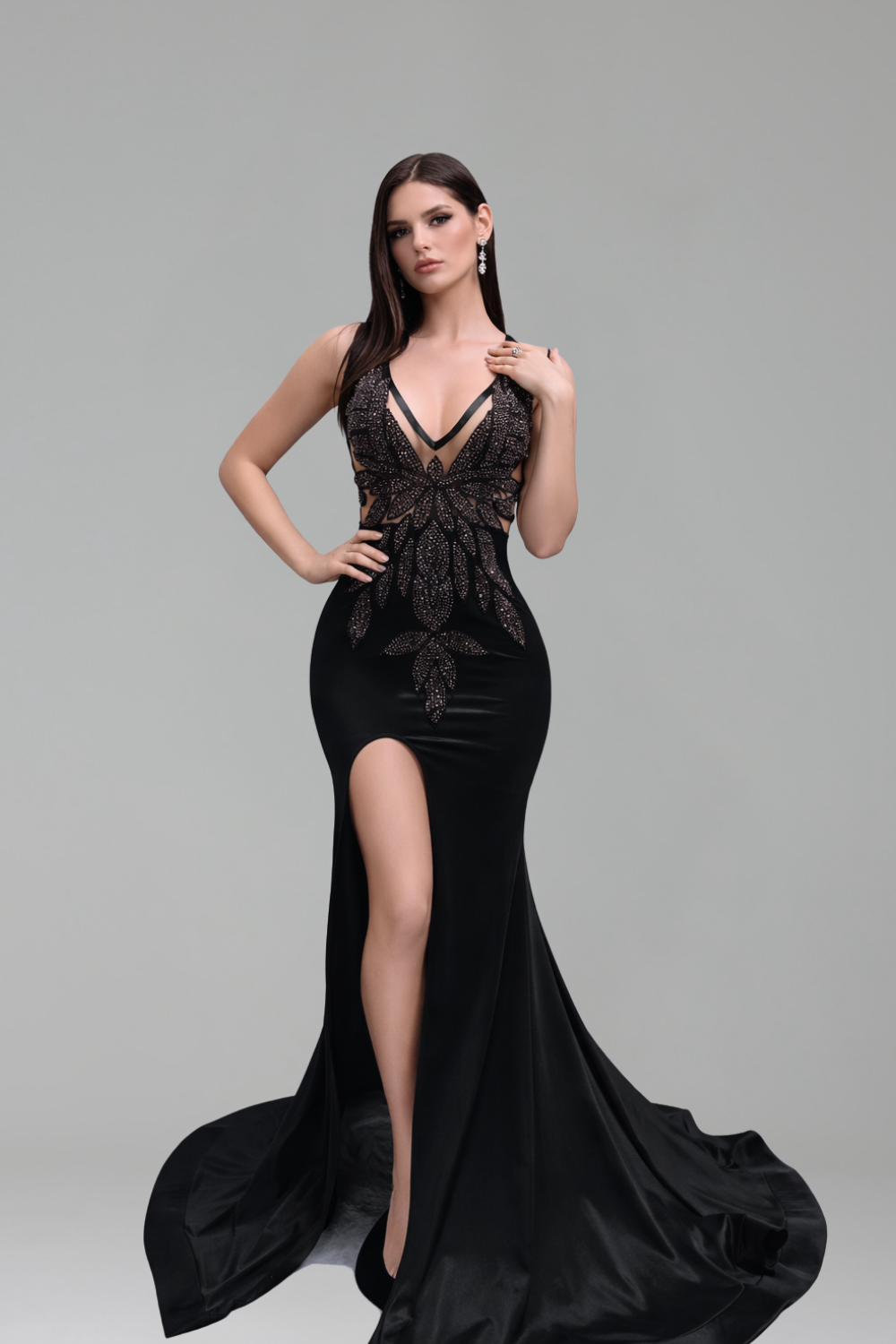 Plunge Embellished Slit Evening Gown - LAROSABRIDE