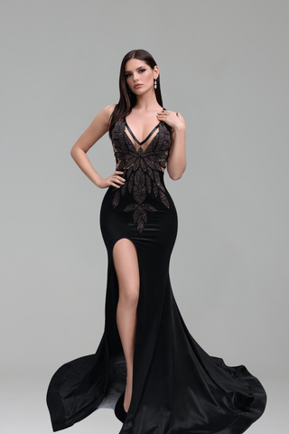 Plunge Embellished Slit Evening Gown - LAROSABRIDE