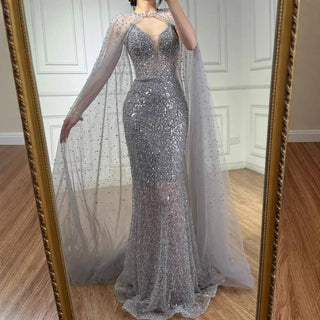 Ships in 2 to 5 Days - Luxury Purple Beaded Sequin Mermaid Evening Gown with Cape – Elegant Formal Dress