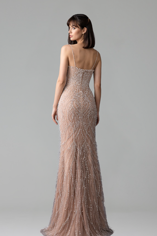 Feather-Accented Spaghetti Mermaid Dress - LAROSABRIDE