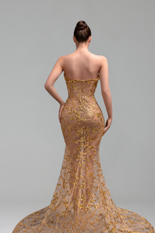 Beaded Sheer Gown with Feathers - LAROSABRIDE