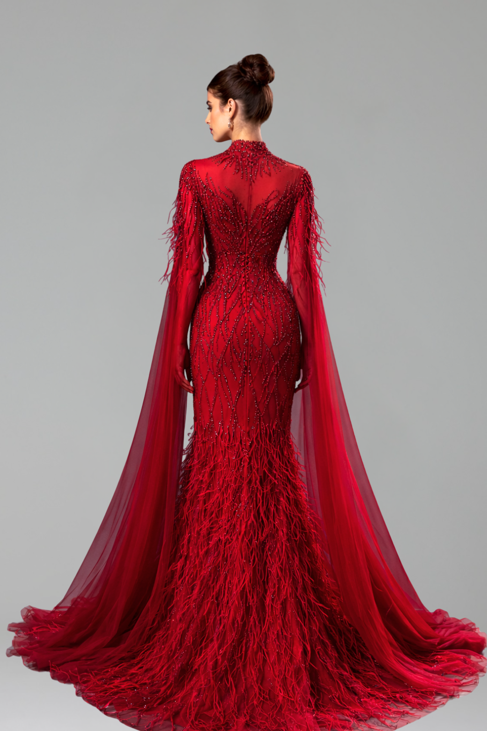 Beaded Feather Cape Sleeve Dress - LAROSABRIDE