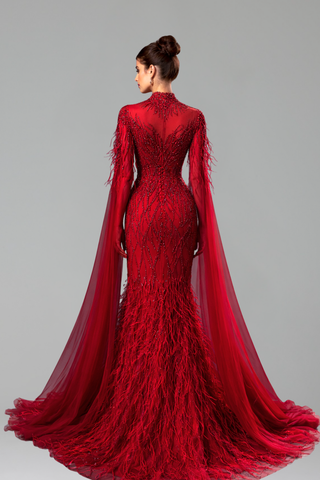 Beaded Feather Cape Sleeve Dress - LAROSABRIDE
