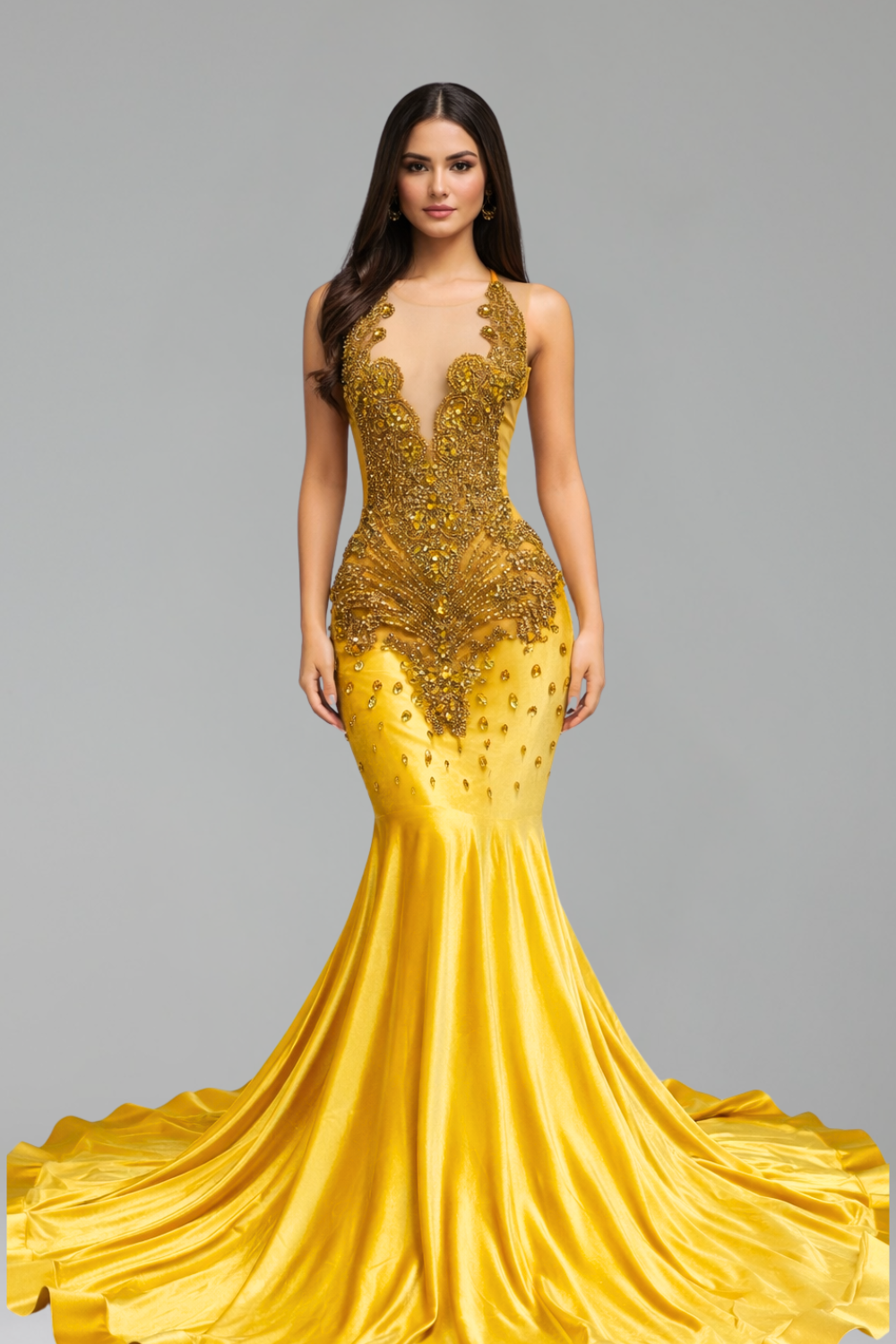 Beaded Illusion Satin Mermaid Gown - LAROSABRIDE