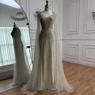Ships in 2 to 5 Days - 2025 Nude Saudi Arabic Beaded Evening Gown with Cape Sleeves – Customized Elegance