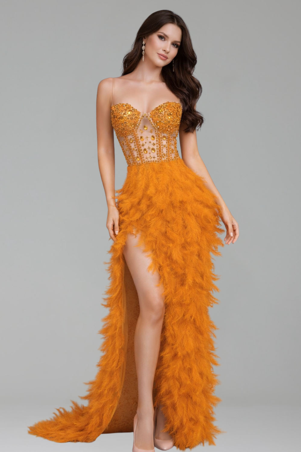 Feathered High-Slit Rhinestone Dress-Larosabride