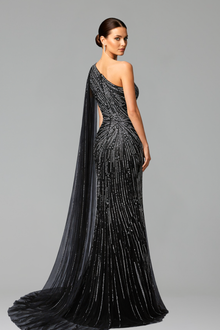One-Shoulder Beaded Mermaid Split Dress-Larosabride