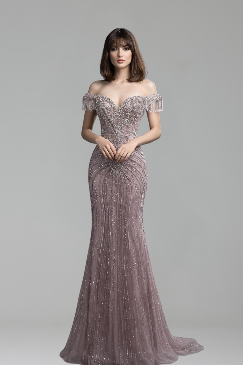 Off Shoulder Crystal Beaded Dress - LAROSABRIDE