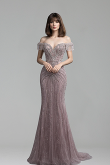 Off Shoulder Crystal Beaded Dress - LAROSABRIDE