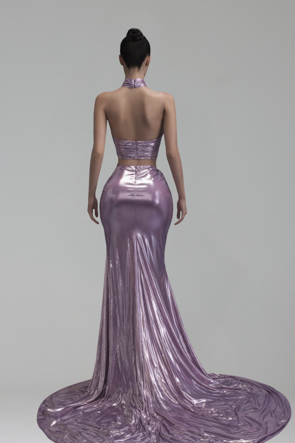 Metallic Halter Cutout Dress with Draped Skirt - LAROSABRIDE