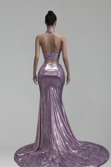 Metallic Halter Cutout Dress with Draped Skirt - LAROSABRIDE