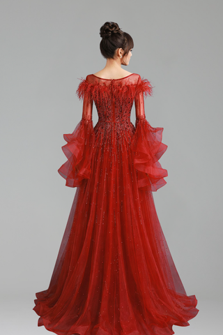 A-Line Beaded Bodice Puffy Long Sleeves - LAROSABRIDE