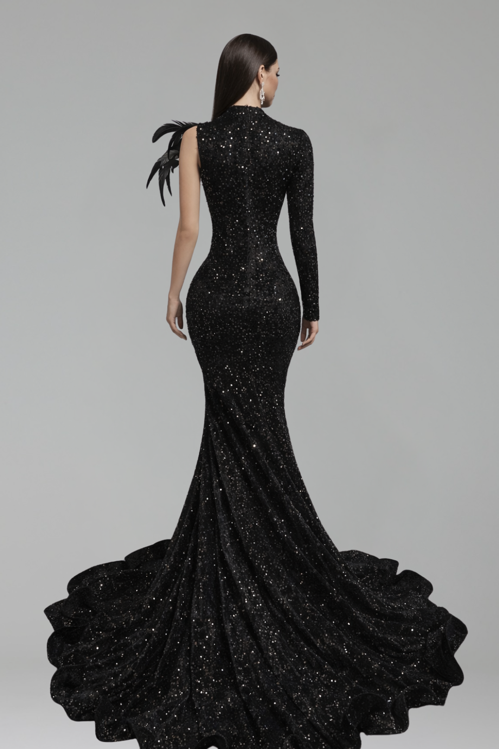 Feathered Embellished Long Sleeve Gown - LAROSABRIDE
