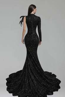 Feathered Embellished Long Sleeve Gown - LAROSABRIDE