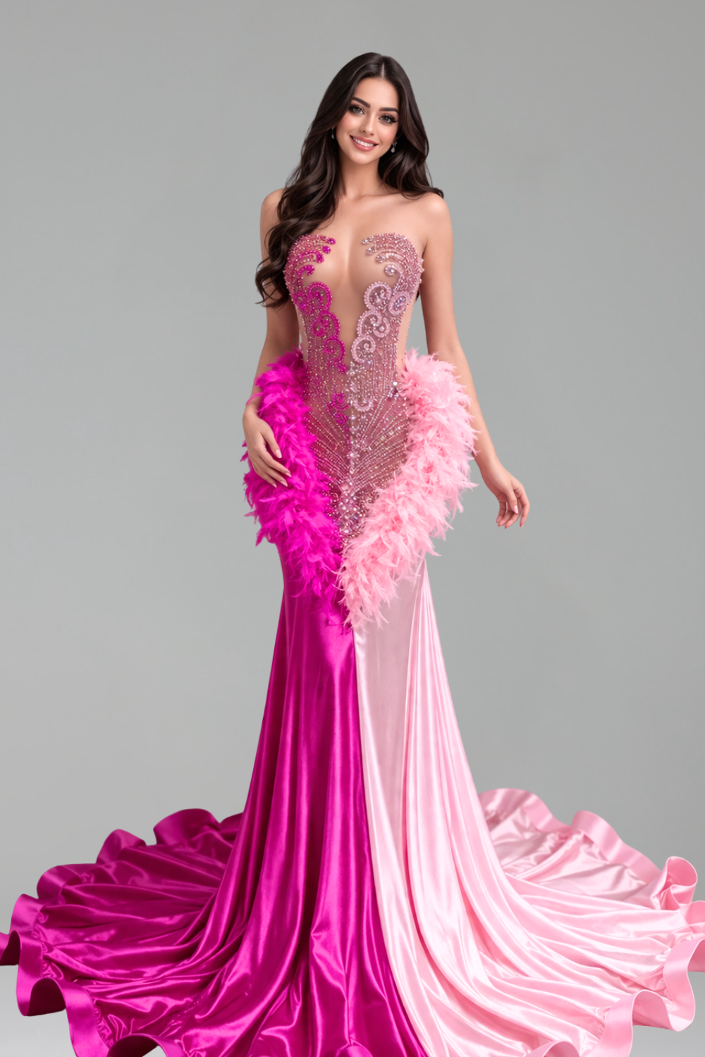 Feather Beaded Mermaid Satin Gown - LAROSABRIDE