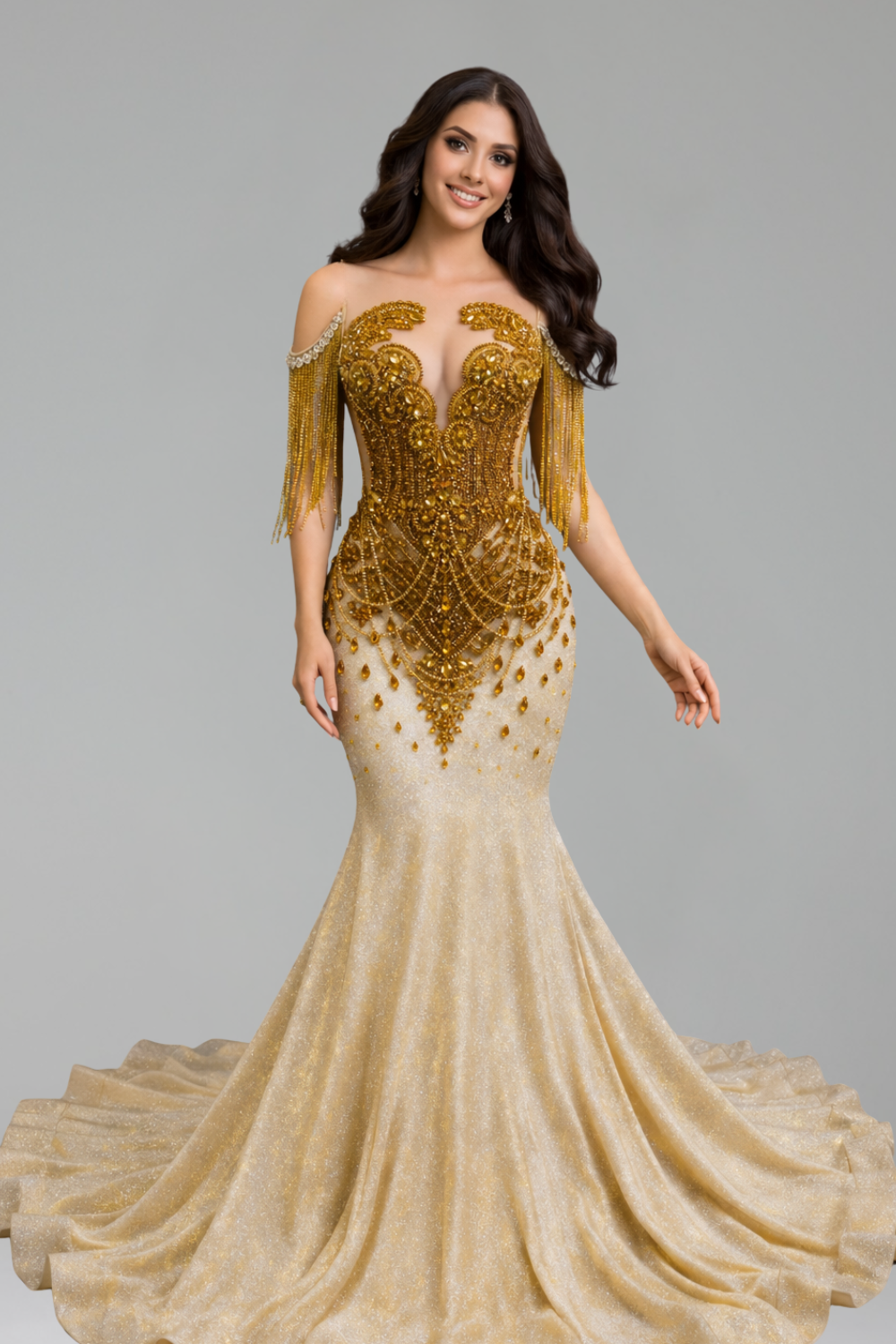 Beaded Fringe Mermaid Gown - LAROSABRIDE