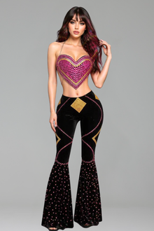 Heart Embellished Crop Top Flared Pants Set - LAROSABRIDE