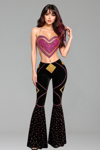 Heart Embellished Crop Top Flared Pants Set - LAROSABRIDE