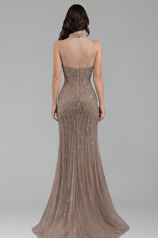 Spaghetti Beaded Split Mermaid Dress - LAROSABRIDE