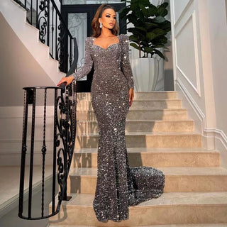 Ships in 2 to 5 Days – Stretch Sequined Maxi Dress - Full Sleeve V-Neck Mermaid Evening Gown for Parties in Grey, Black, and Burgundy