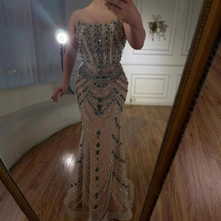 Ships in 2 to 5 Days -2025 Custom Green Saudi-Inspired Evening Dress – Strapless Beaded Formal Gown