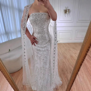 Ships in 2 to 5 Days - 2025 Luxury White Beaded Mermaid Evening Gown with Long Cape – Dubai-Inspired Arabic Formal Dress