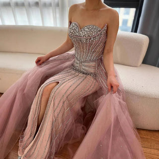 Ships in 2 to 5 Days - Pink Crystal Beaded Mermaid Evening Gown with Overskirt – Customized 2025 Saudi Formal Dress