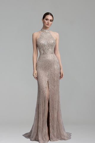 Halter Rhinestone Tassel Mermaid Gown - LAROSABRIDE