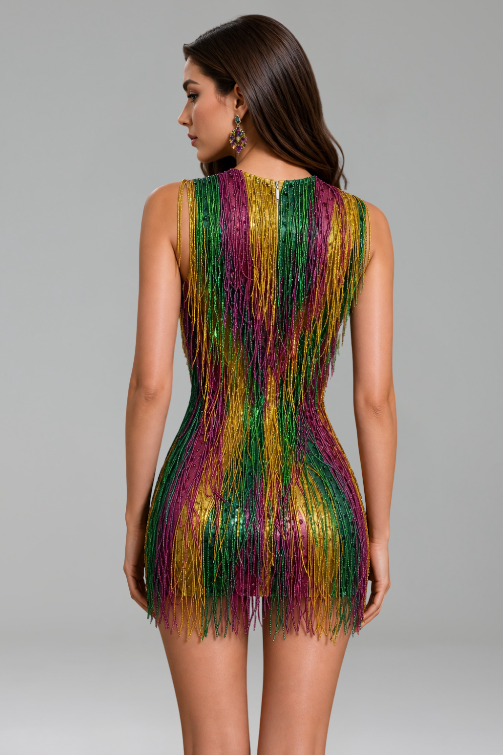 Round-Neck Sequin Fringe Mini Dress